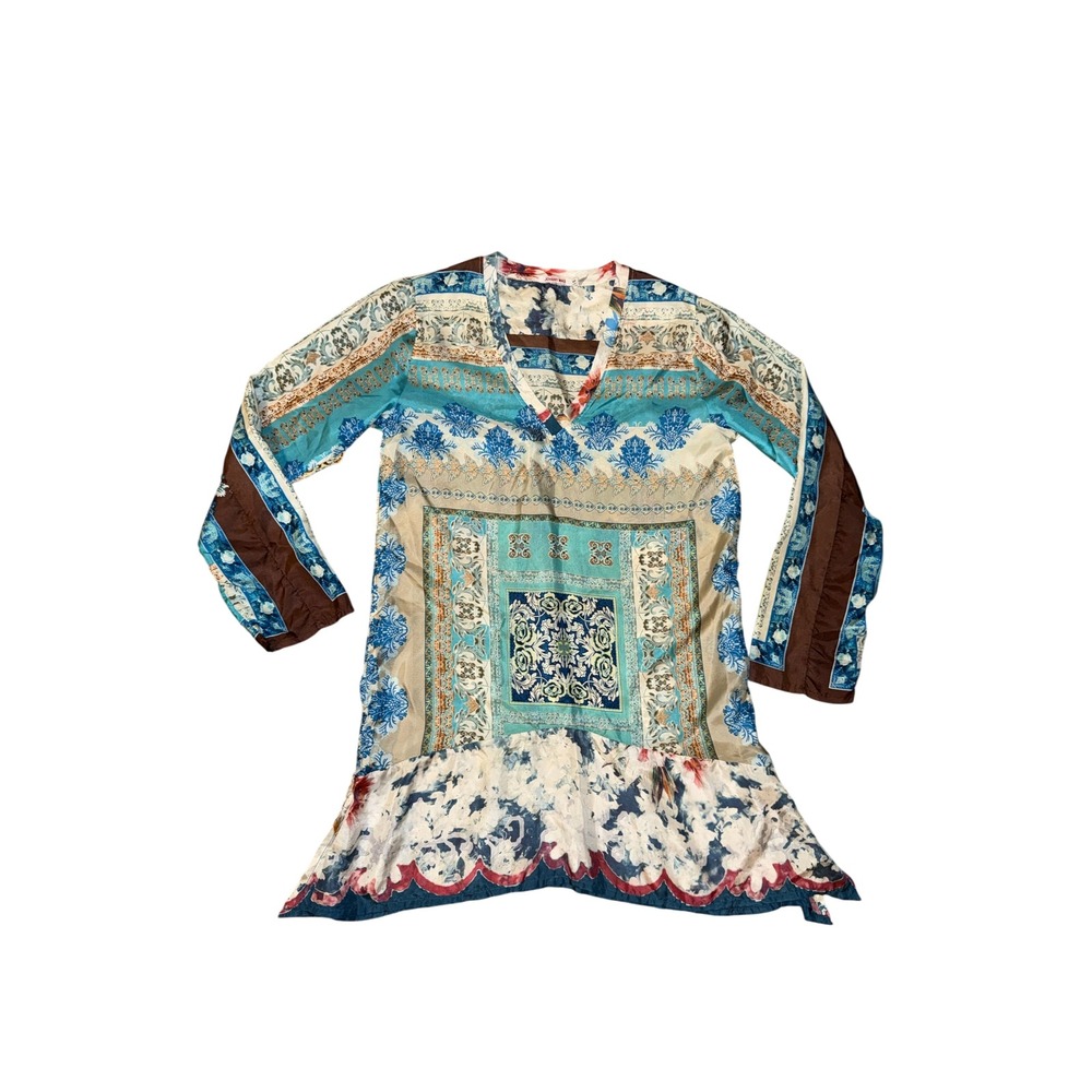 Johnny Was Tunic Top Women Small Blue Silk Patchwork Boho V-Neck Ruffle Hem